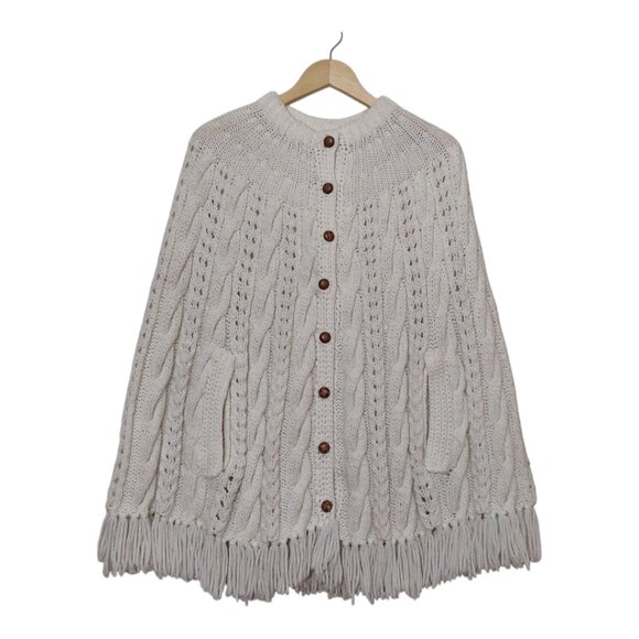 Vintage Handmade Crochet Cable Knit Button Fringe Poncho Cardigan - Great Cond - Picture 1 of 11